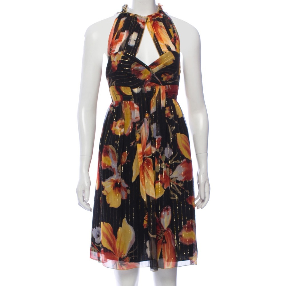 Anthropologie Silk Floral Dress with Metallic Thread Details